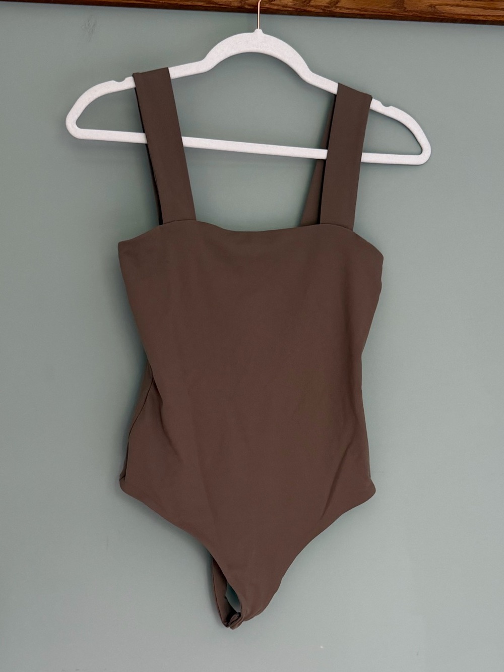 Nuuds Brown Mocha Earth Tone Square Neck Sleeveless Tank Thong Bodysuit